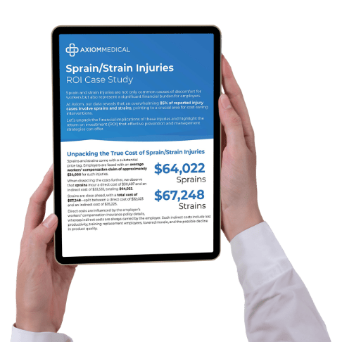 Hands hold a tablet featuring the Sprain/Strain ROI Case Study from Axiom Medical